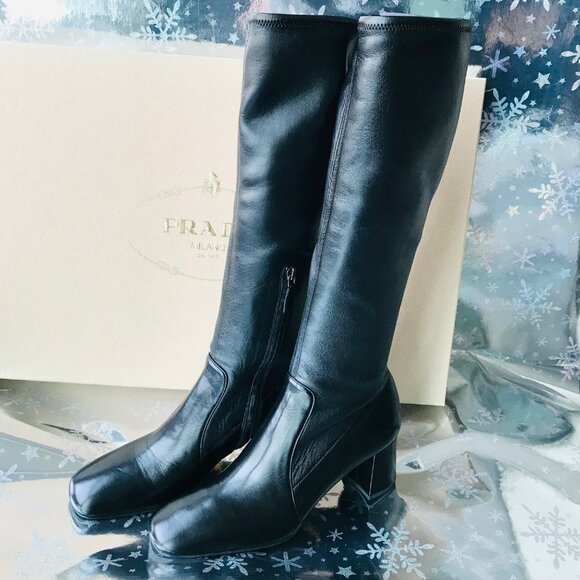 Prada Shoes - NEW Prada Women heeled leather Boots Black   Size 38.5 Made in Italy  New w Box